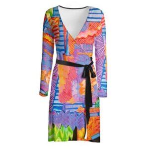 OREGON ANNIE Artwear Unique Wrap Dress Knit Long Sleeve Abstract Multi Women L